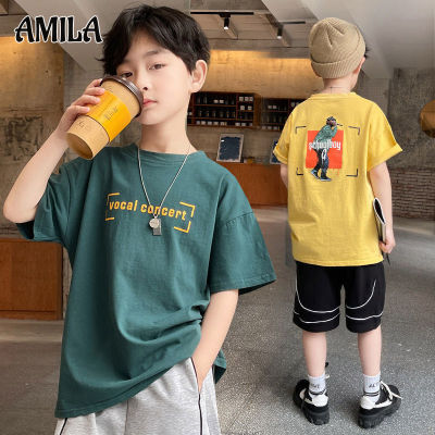 AMILA เสื้อยืดแขนสั้นชายเสื้อผ้าฝ้ายบริสุทธิ์เด็กวัยกลางคนและเด็กโตฉบับภาษาเกาหลีเด็กแขนสั้น