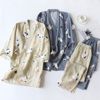 ❧■ Pijama de quimono estilo japonês masculino e feminino capa pijama casal gaze algodão puro fofo gatinho