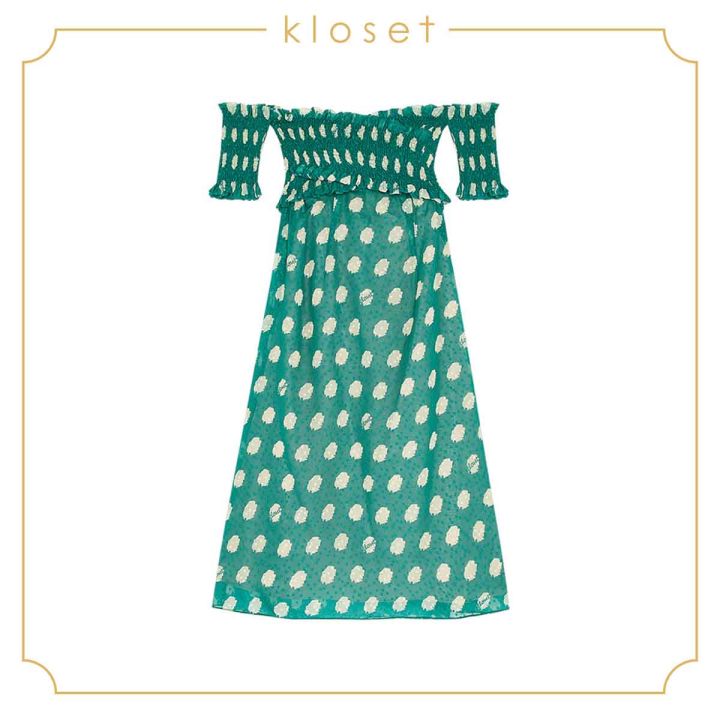 kloset-design-polka-dot-printed-off-shoulder-dress-rs20-d002-เดรสปาดหล่-เดรสผ้าชีฟอง-เดรสผ้าแฟชั่น