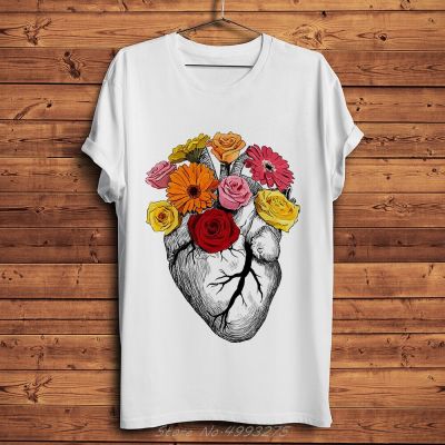Flower Blooming On Heart Printed t shirt O neck Summer Short Sleeve T Shirt Men White Punk Casual Tshirt Unisex Streetwear XS-6XL