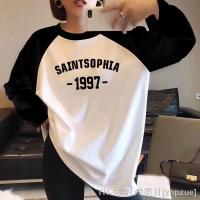 ✓☸ Black and white contrasting letter long-sleeved t-shirt womens early spring autumn and winter American style retro large size loose cotton thin top