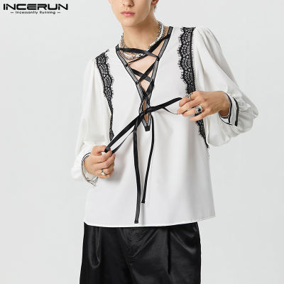 INCERUN เสื้อไทย้อนยุคลูกไม้แขนยาวโคมไฟสำหรับผู้ชาย,เสื้อเสื้อแบบบางสไตล์ศาล (สไตล์ตะวันตก)
