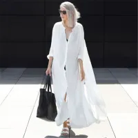 --D0512 Europe and the United States humanoid cotton pure white sand beach blouse sexy deep v-neck vacation is prevented bask in unlined upper garment to connect dress skirt bikini smock