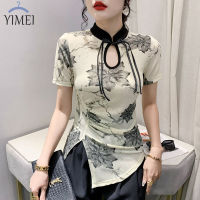 YIMEI เสื้อยืดผู้หญิงสวยๆ,เสื้อยืดภาพวาดหมึกแฟชั่นใหม่สำหรับผู้หญิงใส่ฤดูร้อน2023เสื้อตาข่ายแขนสั้นสไตล์จีนโบราณไม่สม่ำเสมอ