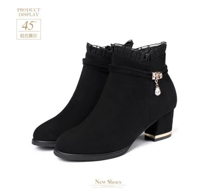 Malaysia Ready Stock kasut perempuan velvet keep warm suede ankle boot thick heel female boot y lace versatile side zipper nude boot fashion womens shoes