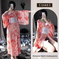 ♞♗₪ Hollow Japanese Kawaii Pink Kimono White Bow-Knot Waistband Thong Sexy Lingerie Cosplay Costumes Woman Yukata Robe with Obi Belt