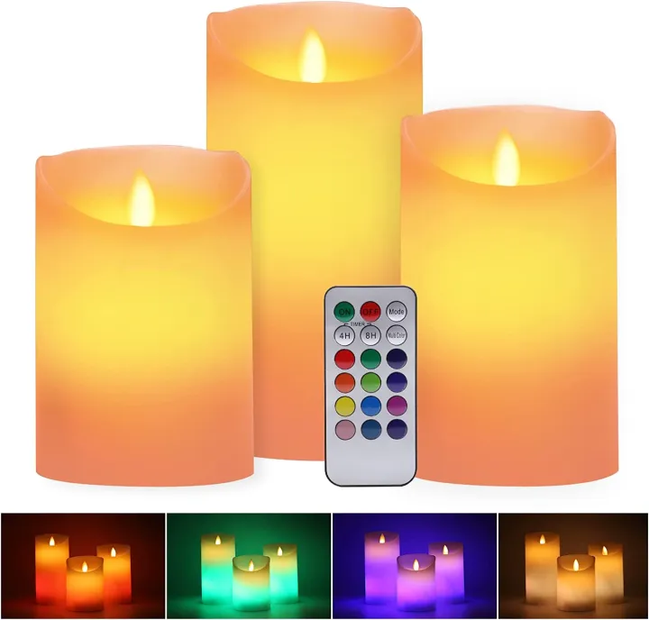 LED Multi Colored Flameless Candles Battery Operated, 3 Round Ivory Wax with MultiFunction