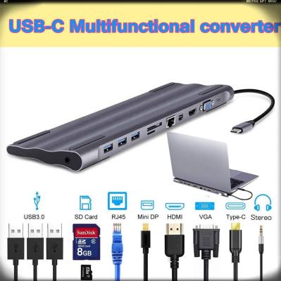 USB-C Hub Laptop Docking Station,11 in 1 Triple Display Type C Adapter With USB3.0 HDMI VGA RJ45 Mini DP SD/TF Reader Card 3.5mm Audio Type-C PD