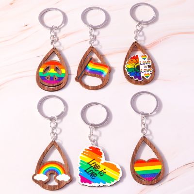 【LZ】●✐  Chaveiros de madeira boêmios coloridos para homens e mulheres gota dágua arco-íris coração chaveiros pingente porta-chaves do carro bricolage presente gay