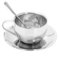 Cup Tea Coffee Cups Mug Set Steel Stainless Espresso Saucer Metal Cappuccino Latte Spoon Teacup Double Walled Drinking Saucers