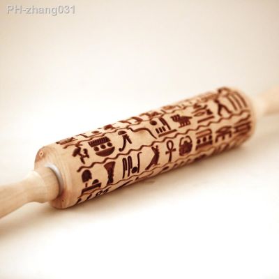 Arjmide Egyptian Hieroglyphs Embossing Rolling Pin with Pattern Cookies Decorating Roller Laser Engraved Rolling Pin For Baking