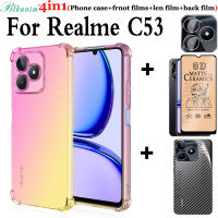 BLKNAIM เคสโทรศัพท์4IN1สำหรับ Realme C53/Narzo N53ไล่ระดับสีสี่มุมกันตกเคสโทรศัพท์ TPU + เต็มหน้าจอพร้อมรูเจาะคลุมทั้งหมดชนิดเคลือบเพื่อความอ่อนโยนเคสโทรศัพท์แบบกระจกนิรภัยด้าน + ฟิล์มหลังคาร์บอนไฟเบอร์ + ฟิล์มป้องกันเลนส์กล้องถ่ายรูป