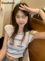 เสื้อสเวตเตอร์สำหรับผู้หญิง Xiaozhainv ขนสัตว์แบบถักลายทางแฟชั่นฤดูร้อนแขนสั้น