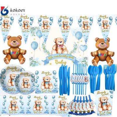 Cartoon Balloon Bear Teddy Disposable Tableware Set Baby Bear Napkins Plates Cups tablecolt banner Happy Birthday Party Decor