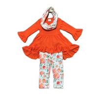 GirlyMax Winter Girl Solid Orange Dress Floral Pants with Scarf Kids 3 Pieces Set