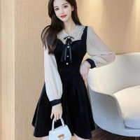 Women Vintage Velvet Black Dresses Stand Neck Lantern Sleeve Party Dresses High Waist Slim Vestidos Korean Elegant Dresses