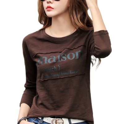New Spring  Korean Long Sleeve T-Shirts Women Solid Color Bamboo Cotton Winter Blue T Shirts Loose Coffee Letter O-Neck Tops