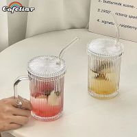 390Ml Coffee Mug Simple Stripe Glass Cup With Lid and Straw Transparent Bubble Tea Cup Juice Glass Milk Mocha Breakfast Mug Cups  Mugs Saucers