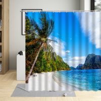 Summer Seaside Landscape Shower Curtain Palm Trees Beach Blue Sky Natural Scenery Bathroom Curtains With Hooks Waterproof Fabric