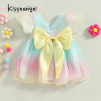 Kisseangel เดรสเจ้าหญิงสีรุ้ง,เดรสแขนสั้นไล่ระดับสีรุ้งลำลองสำหรับเด็กผู้หญิงวัยหัดเดินประดับโบว์