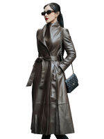 Nerazzurri Autumn Long Brown Black Soft Faux Leather Trench Coat for Women Belt Long Sleeve Skirted Elegant Luxury Fashion 2021