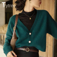 Trytree Spring Autumn Woman Casual Sweater V-neck Solid Single Breasted Cardigan Women Elastic Tops Knitted Sweet Short Coat