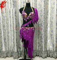 hot【DT】 New belly dance clothes Performance purple crystal bra top and short 2pcs girls suit lady latin