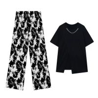 【Ready】? 2023 summer plus-size womens clothing fresh and casual emphasizing the sense of design casual ink wide-leg pants suit