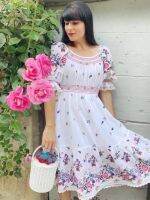 P015-082 PIMNADACLOSET -Short Puff Sleeve Smock Cotton Floral Embroidery Midi Dress