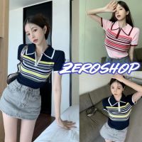 Zero shop?พร้อมส่ง? (Zero-N002) เสื้อไหมพรมคอปกแขนสั้น ดีเทลลายทางน่ารัก2สี  -C