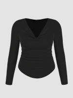 Cider Cowl Neck Solid Ruched Long Sleeve Crop Top Curve &amp; Plus