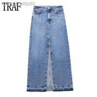 ✓ ประกาศ27bf6658ว่า TRAF-Saias Compridas Jeans Femininas Saia Maxi De Fenda Desbotada Cintura Alta Modaa 2023