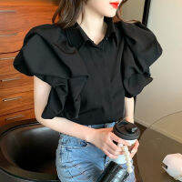 Black Shirt Women Plus Size Fashion Puff Sleeve Blouse New Design 2023 Summer Loose Office Tops