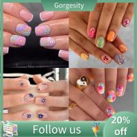 GORGESITY 24ชิ้นเล็บปลอม DIY กดบนเล็บสั้นกลมเล็บปลอมที่มีสีสันฝรั่งเศส