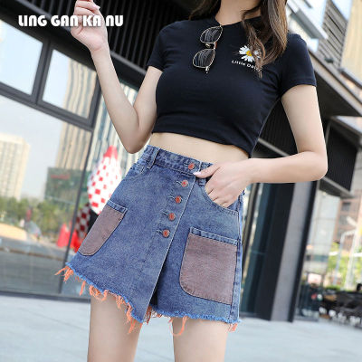 LING GAN KA NU Womens culottes  spring and summer new high-waisted fringe fashion-breasted wide-leg cotton denim casual shorts