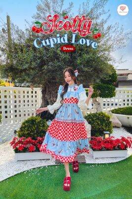 Scott Cupid Love Dress เดรสผู้หญิงพิมพ์ลายเชอรี่สลับผ้าสก็อตเเต่งเเขนยาวตุ๊กตาสดใสมากก