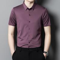 【Ready】? Summer ice silk shirt mens short-sleeved seamless anti-wrinkle shirt high elastic business casual solid color thin mens shirt