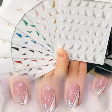 3D French Tip Nail Stickers Shiny Glitter Silver White Sliders