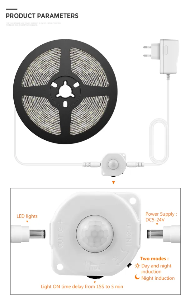 Motion Sensor LED Under Cabinet Light Bed Night Light 1M-5M LED Strip Tape  Night Sensor Lamp With 110V-220V to 12V Power Adapter