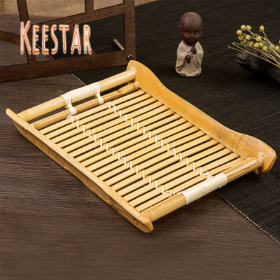 Keestar สินค้าไม้ไผ่สานเกี๊ยวสี่เหลี่ยมผืนผ้า Nampan Bambu จานไม้อบแห้งพร้อมที่จับจานชามระบายน้ำพิธีชงชา