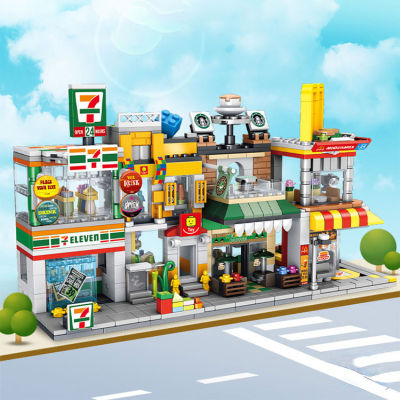 City Street View Series Building Blocks ร้านกาแฟร้านสะดวกซื้อ Model Building Blocks ของเล่นประกอบของขวัญคริสต์มาส