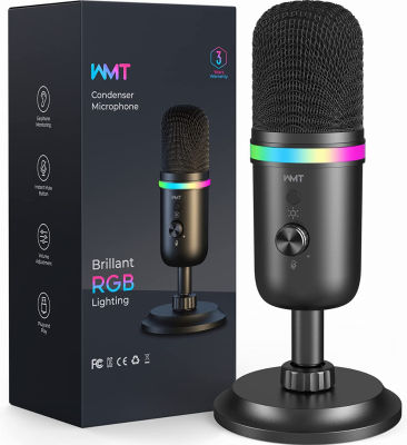 WMT USB Microphone, Condenser Gaming Microphone for PC/MAC/PS4/PS5/Phone- Cardioid Mic with Brilliant RGB Lighting Headphone Output Volume Control, Mute Button, for Streaming Podcast YouTube Discord