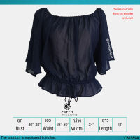 USED Earth Music &amp; Ecology - Sheer Off Shoulder Navy Blue Ruffle Top | เสื้อปาดไหล่สีกรมท่า เสื้อซีทรู เสื้อครอป แขนสั้น ระบาย สีพื้น แท้ มือสอง