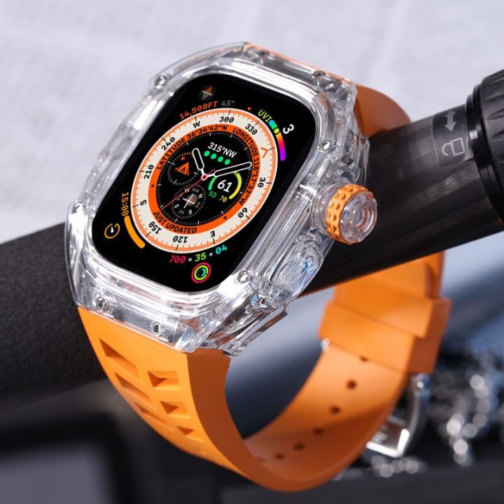ชุดดัดแปลงเคสโปร่งใส49มม-สำหรับนาฬิกา-apple-สายยืดกีฬายางฟลูออรีนพิเศษ49มม-สำหรับ-i-watch-ultra