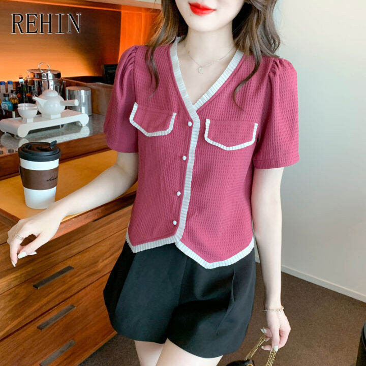 เสื้อสตรี-rehin-ใหม่คอวีแขนสั้นสไตล์ฝรั่งเศส-niche-chic-design-เสื้อหรูหรา