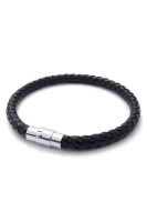 Stainless Steel Leather Bracelet, Braided Leather Bracelet, for Men Women, Black - Width 6mm - Length 23cm