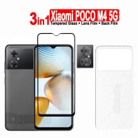 3in1สำหรับ Xiaomi POCO M4ฟิล์มกระจกเทมเปอร์5G และ Xiaomi X5 POCO F5 M3 M5 S M4 Pro 5G/ X4 F4 GT X3NF/ C50 C51 C55 C40ปกป้องหน้าจอ + ฟิล์มเลนส์กล้อง + ฟิล์มด้านหลังคาร์บอนไฟเบอร์