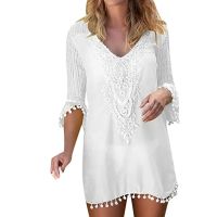 FN946N Tassel Lace Crochet Cover Up Sexy Swimwear Women Loose Beach Dress Tunic Solid Bikini Cover-ups Bathing Suit Ladies Swi