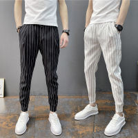 GISU MALL-2023 New Thin Striped Casual Pants for Mens Thai Fashion 9-point Pants for Social Men