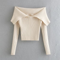 TRAF Za Women Sweater Off Shoulder Top Knitted Sweater Woman  Fall Slim Crop Sweaters Ribbed Knit Long Sleeve Thin Sweater